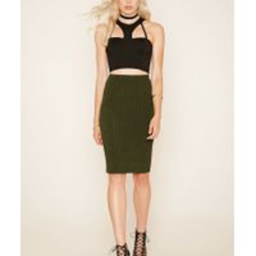 Forever 21 Ribbed Knit Midi Skirt Dark Olive Green